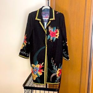Biya embroidered coat  50% wool, 50% viscose.  38 1/2” long